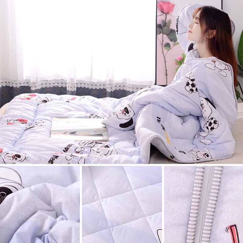 Lazy Quilt with Sleeves Winter Warm Thickened Washed Quilt Blanket Wearable Lovely Cartoon Print Thin Air-conditioning Cotton