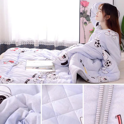 Lazy Quilt with Sleeves Winter Warm Thickened Washed Quilt Blanket Wearable Lovely Cartoon Print Thin Air-conditioning Cotton