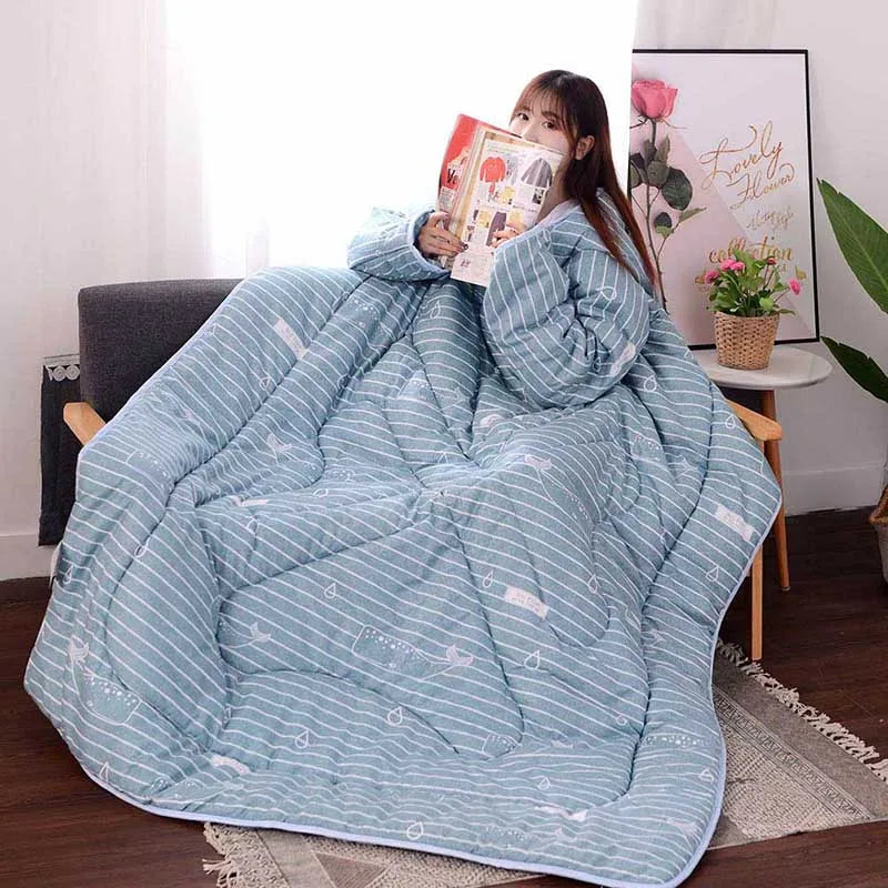 Lazy Quilt with Sleeves Winter Warm Thickened Washed Quilt Blanket Wearable Lovely Cartoon Print Thin Air-conditioning Cotton