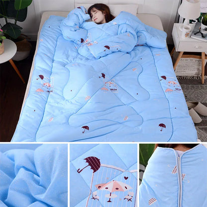 Lazy Quilt with Sleeves Winter Warm Thickened Washed Quilt Blanket Wearable Lovely Cartoon Print Thin Air-conditioning Cotton