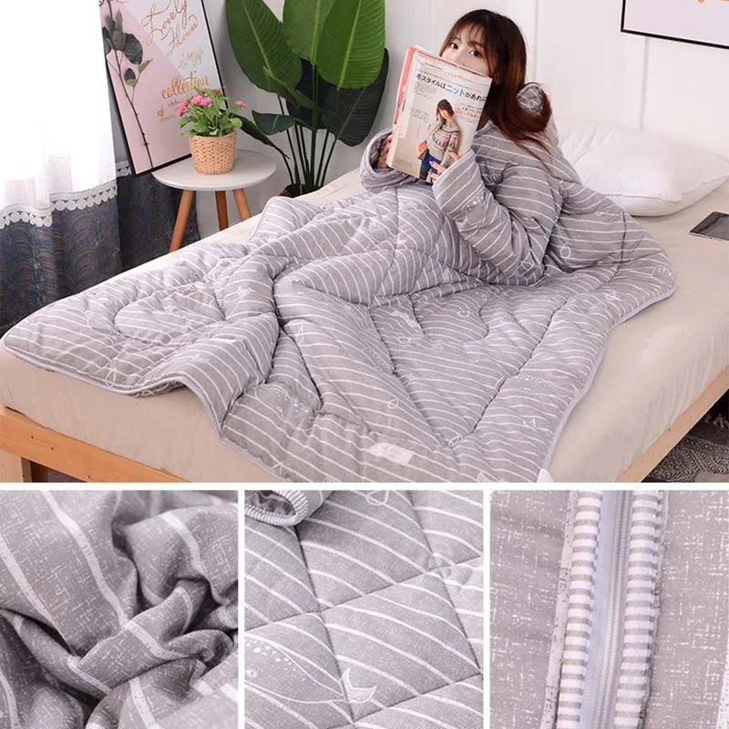Lazy Quilt with Sleeves Winter Warm Thickened Washed Quilt Blanket Wearable Lovely Cartoon Print Thin Air-conditioning Cotton