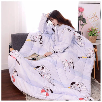 Lazy Quilt with Sleeves Winter Warm Thickened Washed Quilt Blanket Wearable Lovely Cartoon Print Thin Air-conditioning Cotton