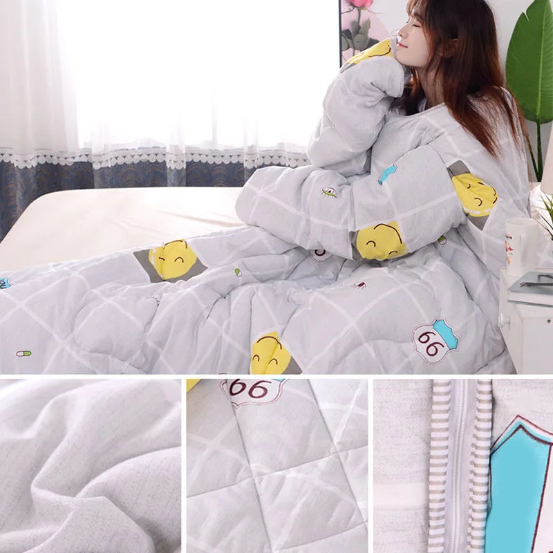 Lazy Quilt with Sleeves Winter Warm Thickened Washed Quilt Blanket Wearable Lovely Cartoon Print Thin Air-conditioning Cotton