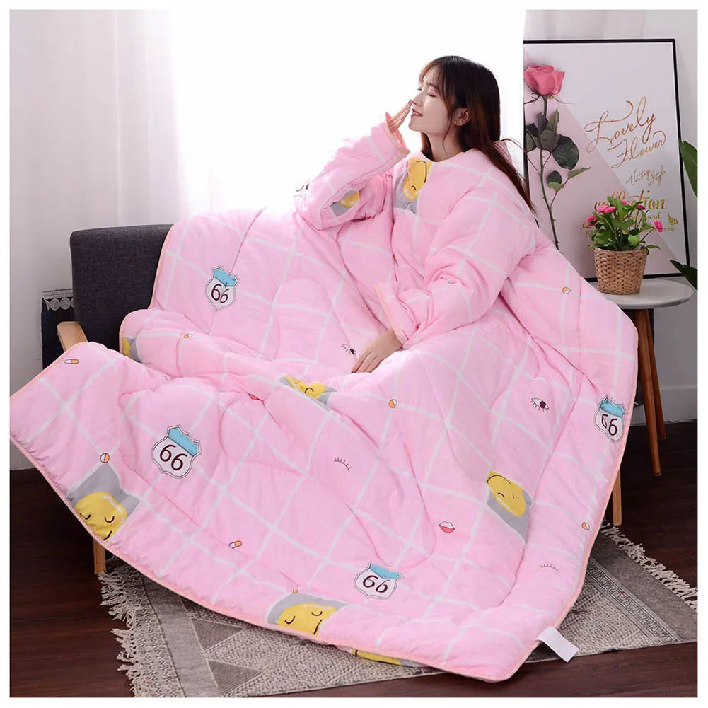 Lazy Quilt with Sleeves Winter Warm Thickened Washed Quilt Blanket Wearable Lovely Cartoon Print Thin Air-conditioning Cotton