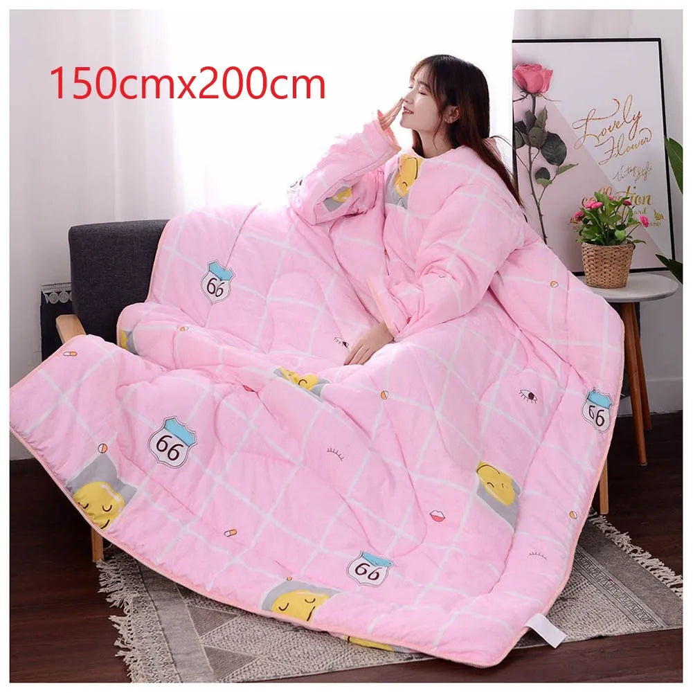 Lazy Quilt with Sleeves Winter Warm Thickened Washed Quilt Blanket Wearable Lovely Cartoon Print Thin Air-conditioning Cotton