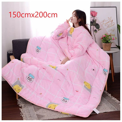 Lazy Quilt with Sleeves Winter Warm Thickened Washed Quilt Blanket Wearable Lovely Cartoon Print Thin Air-conditioning Cotton