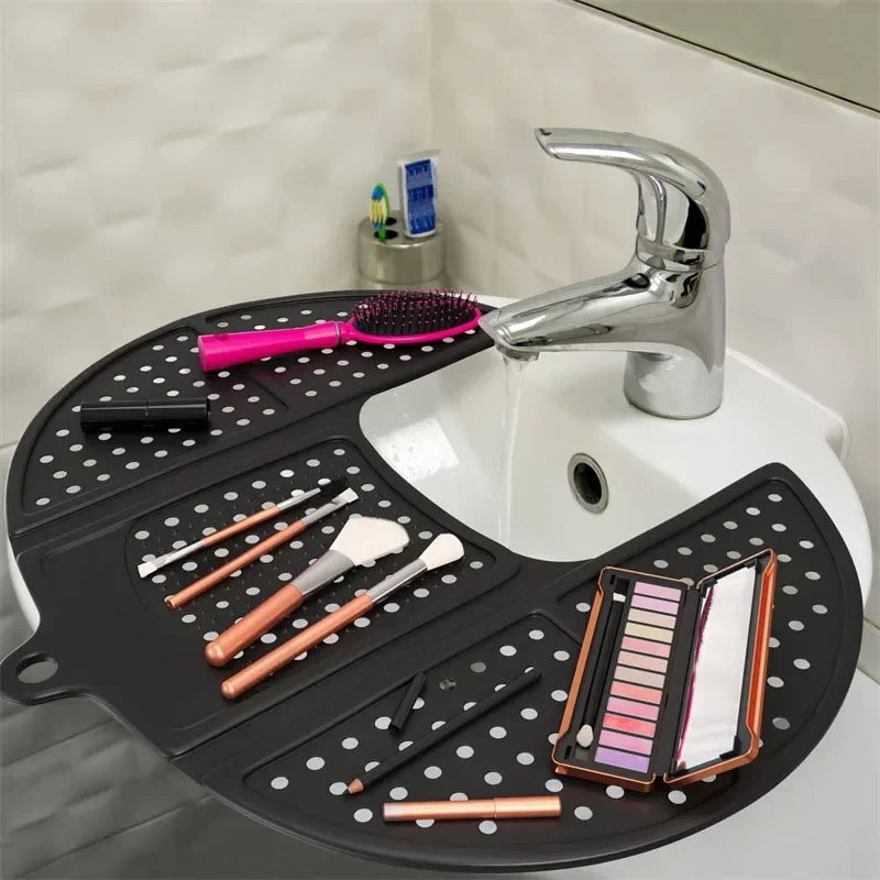 Assistive Tool for Cosmetics - Foldable Sink Cover with Silicone Makeup Brush Cleaning Pad Bathroom Storage  Bathroom Shelf
