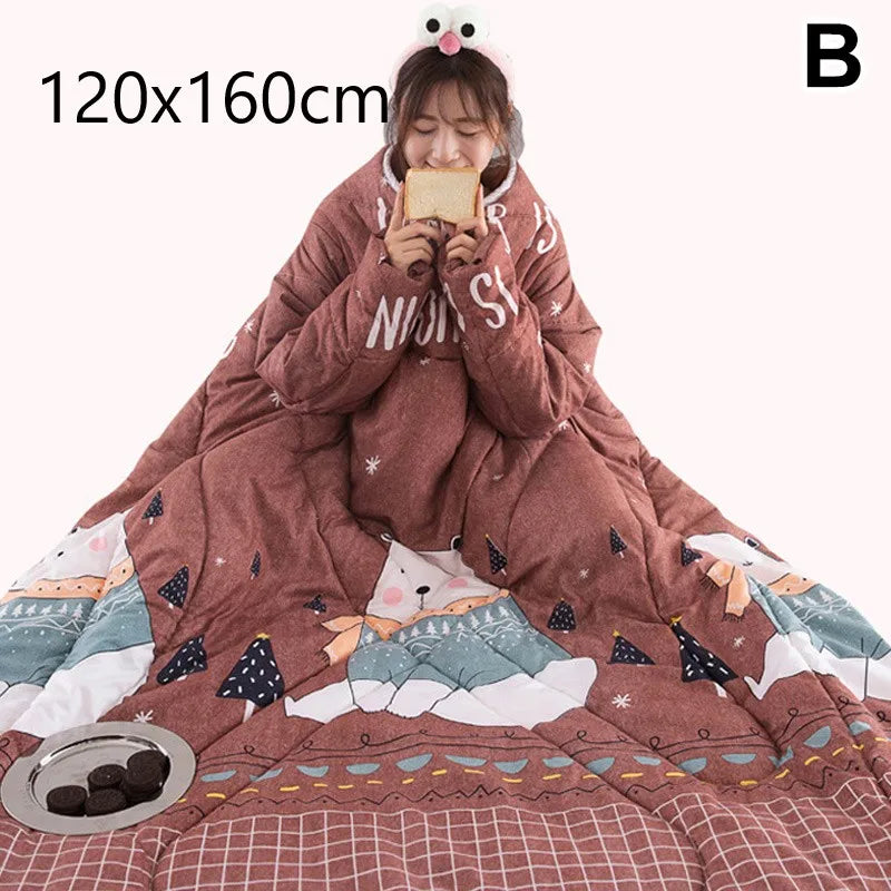 Lazy Quilt with Sleeves Winter Warm Thickened Washed Quilt Blanket Wearable Lovely Cartoon Print Thin Air-conditioning Cotton