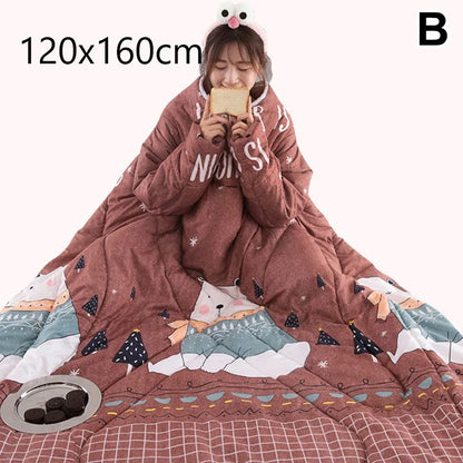 Lazy Quilt with Sleeves Winter Warm Thickened Washed Quilt Blanket Wearable Lovely Cartoon Print Thin Air-conditioning Cotton