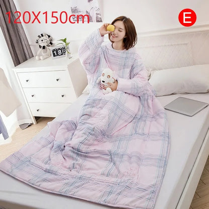 Lazy Quilt with Sleeves Winter Warm Thickened Washed Quilt Blanket Wearable Lovely Cartoon Print Thin Air-conditioning Cotton