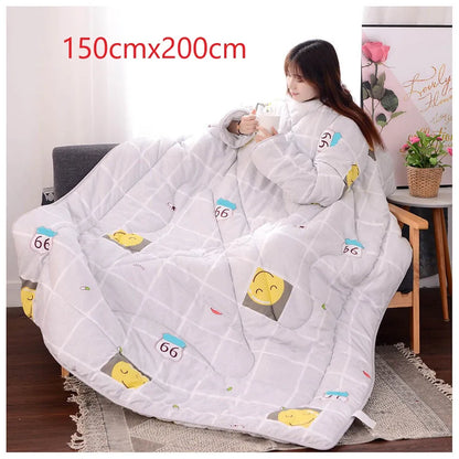 Lazy Quilt with Sleeves Winter Warm Thickened Washed Quilt Blanket Wearable Lovely Cartoon Print Thin Air-conditioning Cotton