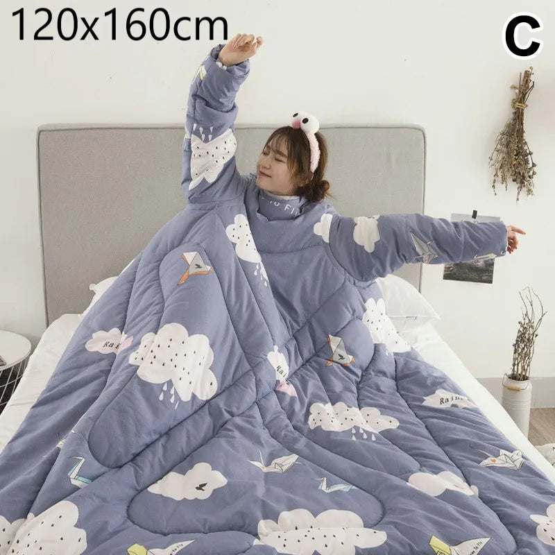 Lazy Quilt with Sleeves Winter Warm Thickened Washed Quilt Blanket Wearable Lovely Cartoon Print Thin Air-conditioning Cotton