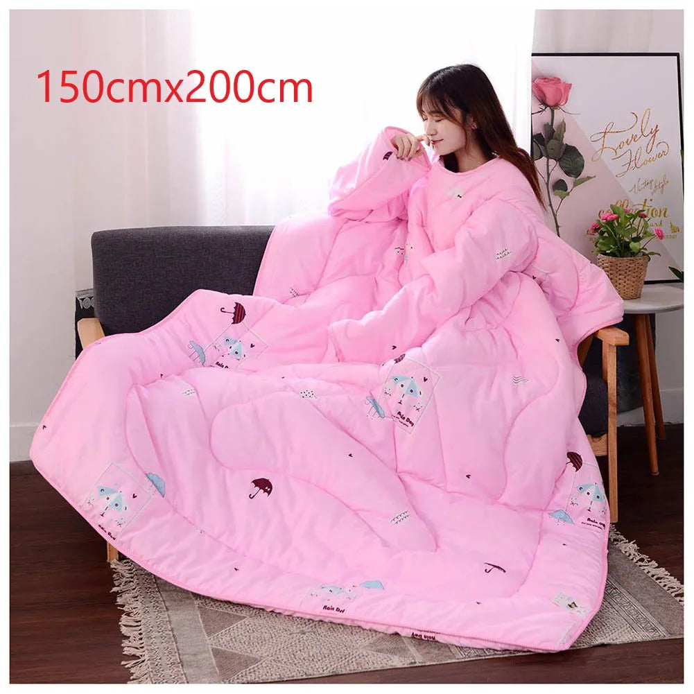 Lazy Quilt with Sleeves Winter Warm Thickened Washed Quilt Blanket Wearable Lovely Cartoon Print Thin Air-conditioning Cotton