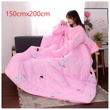 Lazy Quilt with Sleeves Winter Warm Thickened Washed Quilt Blanket Wearable Lovely Cartoon Print Thin Air-conditioning Cotton