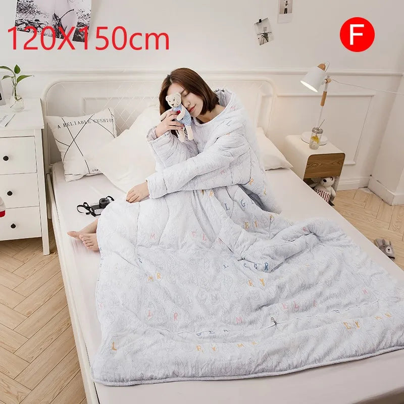 Lazy Quilt with Sleeves Winter Warm Thickened Washed Quilt Blanket Wearable Lovely Cartoon Print Thin Air-conditioning Cotton